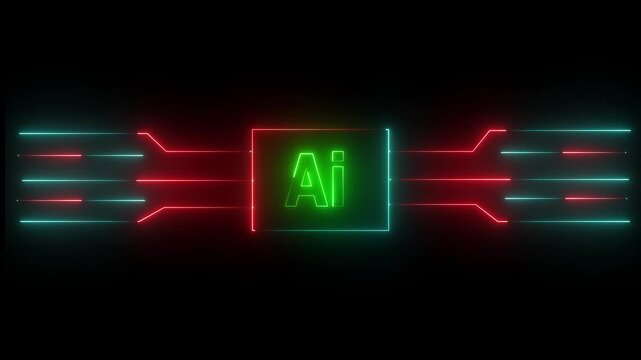 Technology multicolor AI circuit board background. Glowing neon Computer motherboard icon , Neon AI text and circuit lines icon animation.