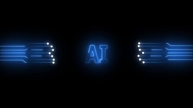 Glowing blue neon AI circuit board background. Computer motherboard with a chip, Processor with artificial intelligence AI. technology circuit board with ai text icon animation on black background.