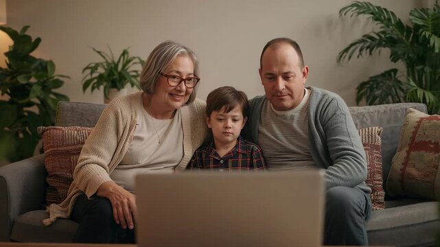 Watching grandmother, father and son leaning toward laptop on living room sofa, viewing online call
