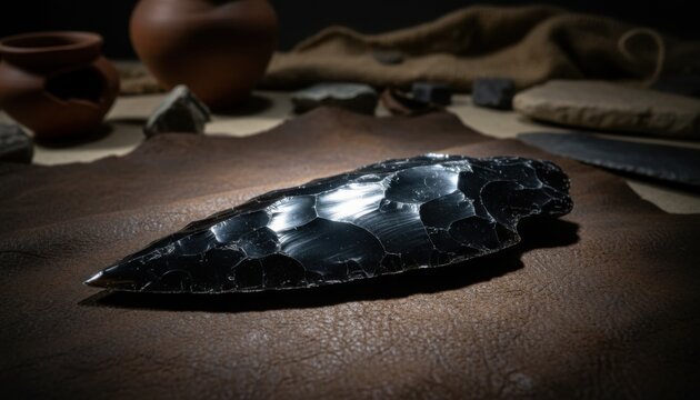 A highly detailed polished obsidian arrowhead artifact with sharp edges, showcasing ancient tool craftsmanship.