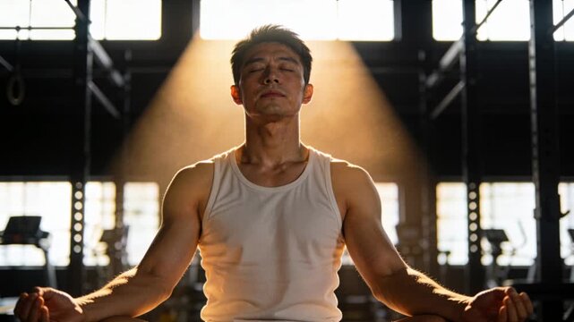 Meditating Asian man wearing white tank top, responding to sunbeam and breathing deeply at gym rigs