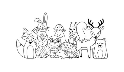 Obraz premium Minimal forest animals line art vector coloring page set