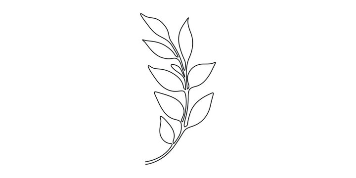Minimalist black and white botanical continuous one line art illustration of a twig with leaves