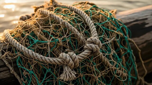 Golden sunset illuminates weathered fishing nets on rustic wooden dock