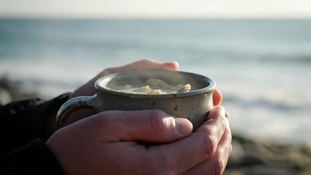A person holding a mug of creamy beverage with froth, on a beach at sunset, waves in the background, relaxed, peaceful scene, calm, tranquility, leisure, nature, ocean, horizon, sand, hand, warmth, c