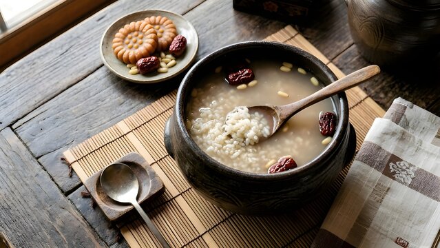 Close-up of Korean sweet rice drink Sikhye served in a traditional dark onggi bowl with a wooden spoon, garnished with jujube and pine nuts.