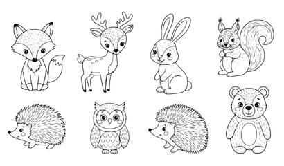Obraz premium Forest animals hand drawn coloring book vector set on white background