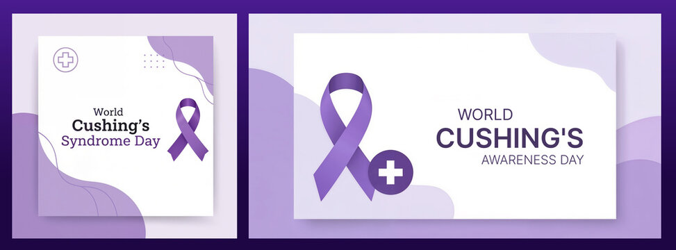 Set of World Cushing's Syndrome Day awareness cards with minimalistic design in pastel purple and white