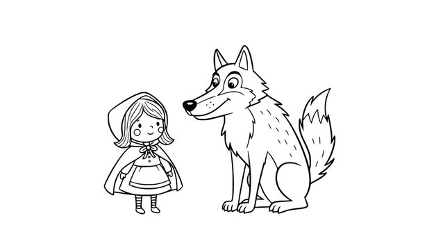 Little Red Riding Hood and big wolf hand drawn vector illustration