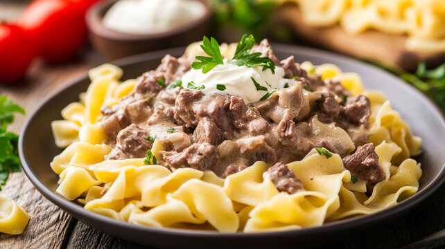Hearty beef stroganoff with egg noodles and a dollop of sour cream, ideal for comfort food and dinner lifestyle content