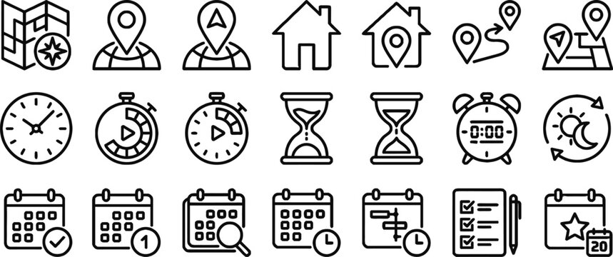 Time, Location and Calendar Outline Icon Set - Editable Stroke Vector Illustrations