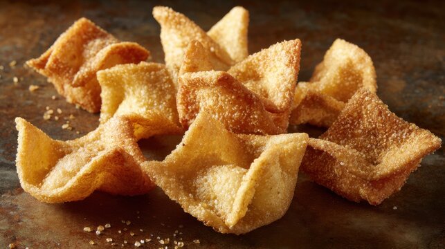 A handful of golden crispy kerupuk udang prawn crackers piled together on a textured surface, ready to be enjoyed