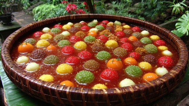 Colorful assortment of Indonesian rujak buah in a woven bowl, showcasing vibrant tropical fruits in a sweet and tangy syrup.