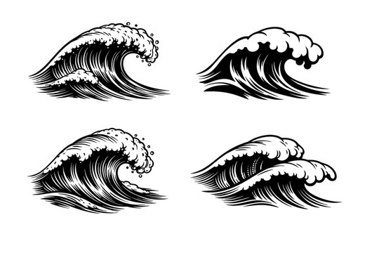 Four dynamic black and white wave illustrations featuring distinct oce