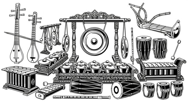 Traditional Indonesian Gamelan Orchestra Instruments Displayed in Detailed Illustration.