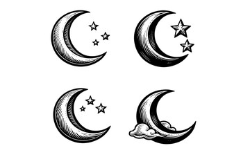 Obraz premium Hand-drawn crescent moons with stars and clouds in vintage style