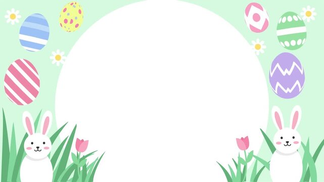 Cute Easter Background with Bunny Rabbits and Colorful Painted Eggs in Flat Style.