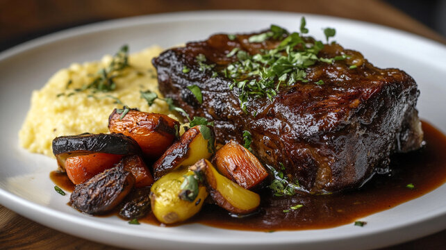 Gourmet braised beef short ribs served with creamy polenta and roasted vegetables, a high-end culinary lifestyle concept.