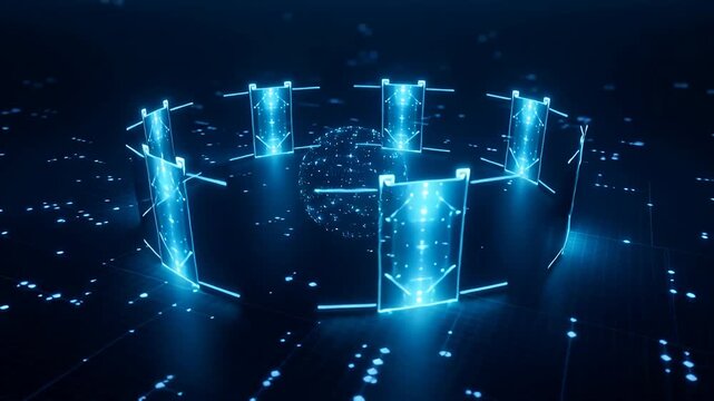 Futuristic glowing blue data screens arranged in a circle on a dark digital circuit board background with bright light particles.
