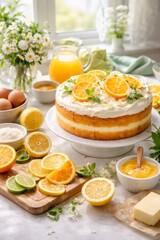 Delicious homemade lemon layered cake featuring whipped cream frosting, fresh orange and lemon slices, mint leaves, and cheerful daisies, surrounded by baking ingredients under natural light