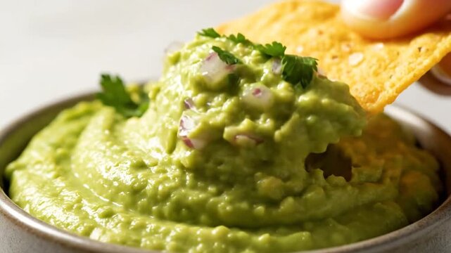 Sequence of images showing a hand dipping a tortilla chip into a bowl of creamy guacamole garnished with cilantro, with the guacamole being scooped up and lifted from the bowl.