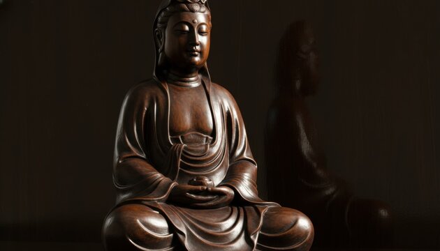 Intricately Polished Wood Carving of a Serene Buddha Meditating in Contemplation