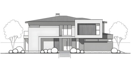 Black and white architectural illustration of a modern contemporary family home, featuring sleek minimalist design, large windows, and integrated landscaping, ideal for residential planning concepts