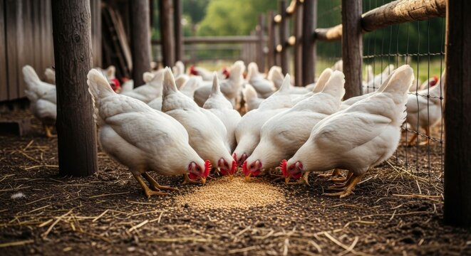 Flock of white chickens eating feed from the ground on a farm