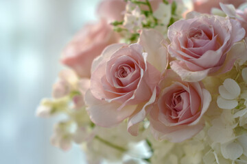 Obraz premium Soft pink roses blooming alongside delicate white hydrangeas in a romantic and elegant floral arrangement with a dreamy bokeh background effect