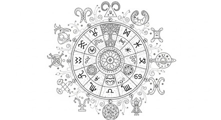 Intricate astrological wheel depicting zodiac signs and celestial symbols in detail. © Rian