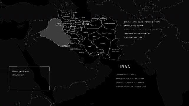 Iran HUD Gulf Map with cities of Iran and bourders countries raq, Turkey, Armenia, Azerbaijan, Turkmenistan, Afghanistan, Pakistan, Persian Gulf, Caspian Sea.
