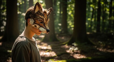 Fototapeta premium Teen Wearing Handcrafted Animal Mask in Forest, Identity Exploration Concept
