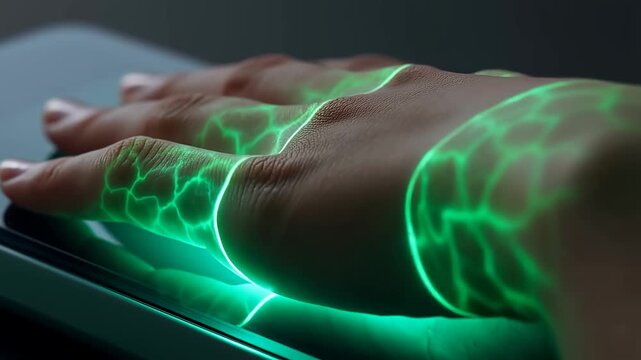 A human hand being scanned by a green light device, revealing the intricate network of veins and capillaries for biometric identification or medical analysis.