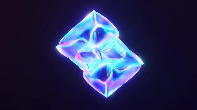 A vibrant, glowing abstract crystalline structure with blue and purple hues against a dark background, resembling a futuristic gem or energy source.