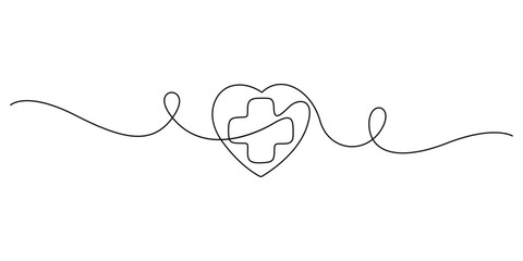 Obraz premium Continuous one line art illustration of a heart shape with a medical cross inside, concepts for healthcare and well-being
