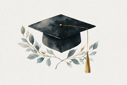 A graduation cap with a gold tassel and green leaves on a white background