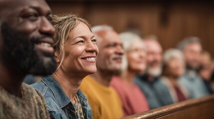 Fototapeta premium People listening in church pews. Row of adults sits closely in wooden benches, side view, blurred background congregation, warm tones, Christian church interior during worship service.