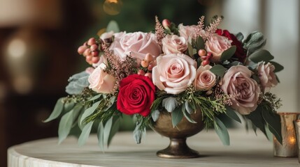 Fototapeta premium Elegant floral arrangement featuring pink and red roses with greenery in a vintage vase. Festive table centerpiece for holiday celebration.