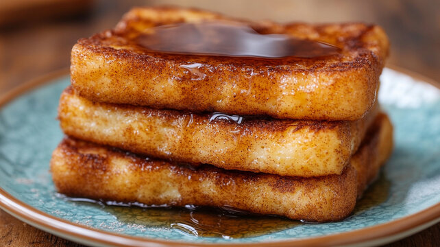 Cinnamon French toast sticks stacked on a plate and drizzled with maple syrup, a sweet breakfast lifestyle concept.