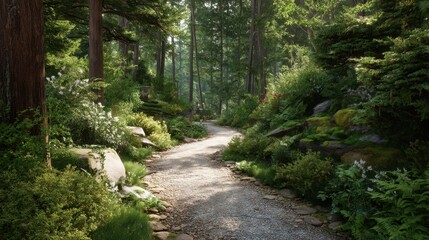 Naklejka premium A winding gravel path through a lush green forest, leading deeper into nature. Forest landscape for meditation and outdoor exploration.
