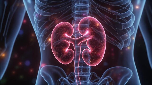 Detailed digital illustration of human kidneys highlighted in red within a translucent skeletal torso against a dark background