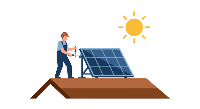A worker installs solar panels on a roof with love for 3D vector technology.