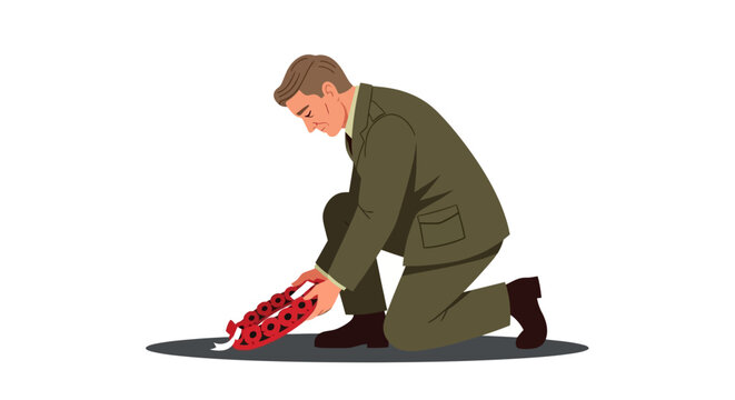 Man in green uniform kneeling on ground, handling red chains, depicted in illustration from a side view.