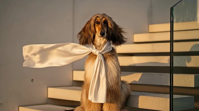 Elegant afghan hound with flowing scarf descends sunlit modern stairs