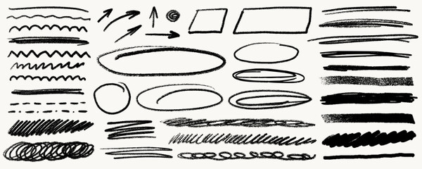 Naklejka premium Crayon line highlight scribble arrows and underline strokes in black on white background with doodle circles and boxes. Crayon line highlight elements in rough pencil and pen texture.