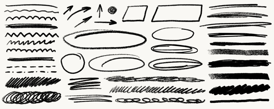 Crayon line highlight scribble arrows and underline strokes in black on white background with doodle circles and boxes. Crayon line highlight elements in rough pencil and pen texture.