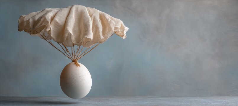 Whole egg with fabric parachute floating midair, wind caught in motion