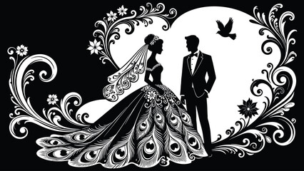 Elegant black and white wedding silhouette illustration with bride in peacock feather dress and groom framed by floral swirls and romantic dove flying high © MdHasanAli
