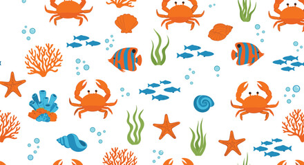 Seamless underwater pattern with crabs fish coral starfish and marine life vector illustration © EdGe Creative