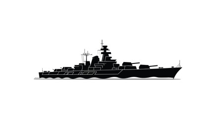 Detailed warship silhouette isolated on white background, bold naval battleship outline with intricate superstructure elements, dramatic high resolution monochrome illustration, strong maritime © MOSAKAYRUNNAHAR